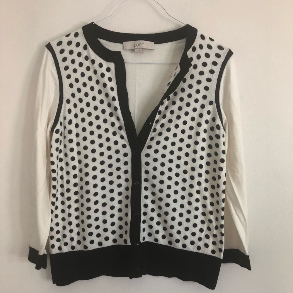 Loft Black & White Polka Dot Cardigan Sweater Pima Cotton Size Small